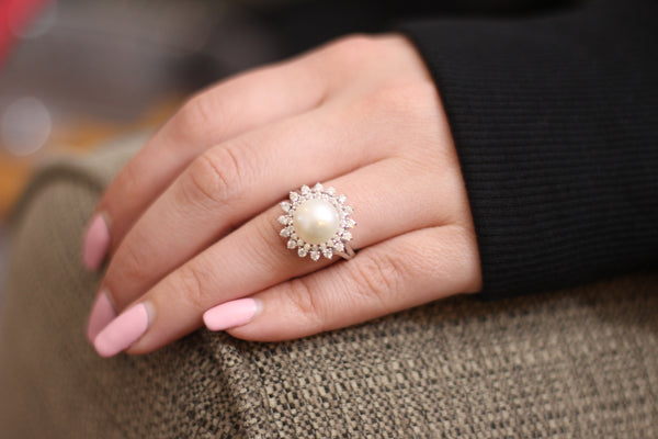 925 Sterling Silver Freshwater Pearl Halo CZ Ring